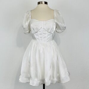 Coquette Ethereal Hoco Dress Juniors 7 Basque Corset Luster Satin Puff Sleeve